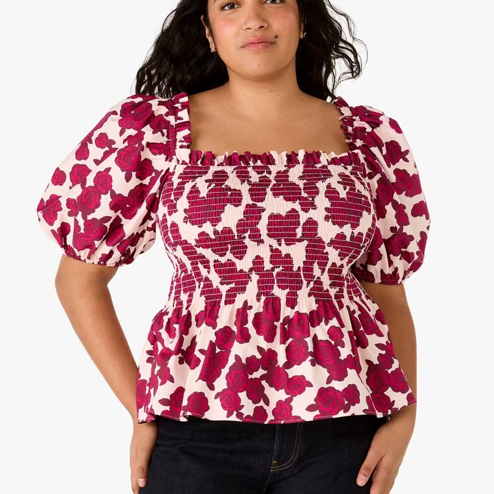 XS KATE SPADE ROSY FLORETS PUFF-SLEEVE TOP